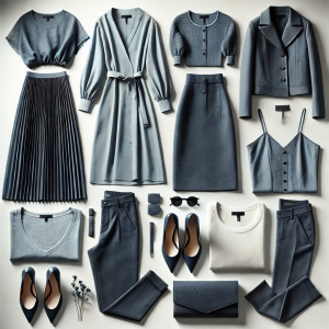 A collection of monochromatic fashion items like dresses, tops, and pants